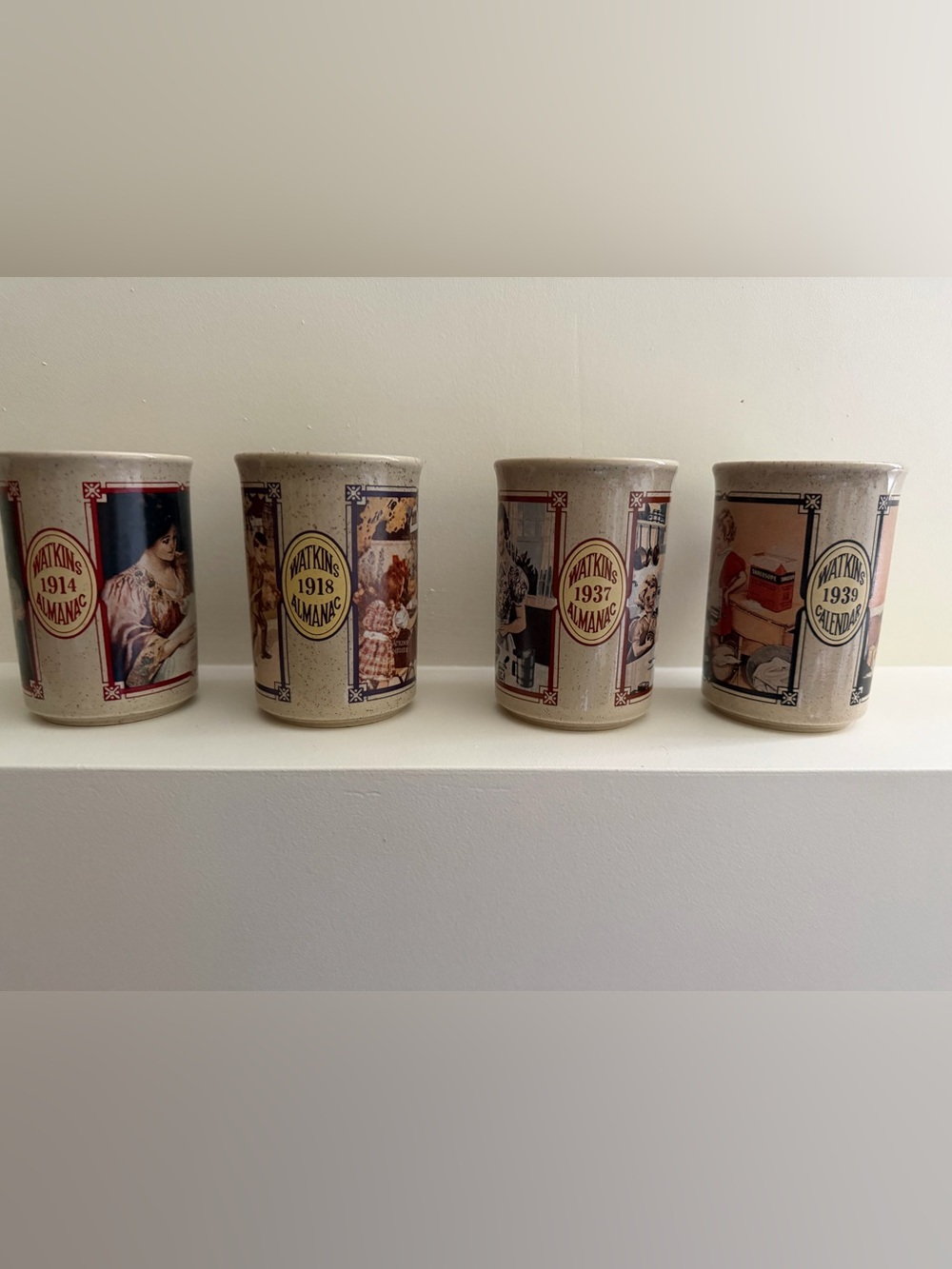 Beige Ceramic Watkins Mug Set with Retro Illustration Panels - Set of 4 - Picture 3 of 9